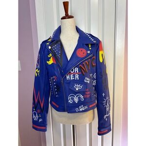 For Her NYC Blue Graffiti Faux Leather Moto Jacket Studded Punk Rock Size M